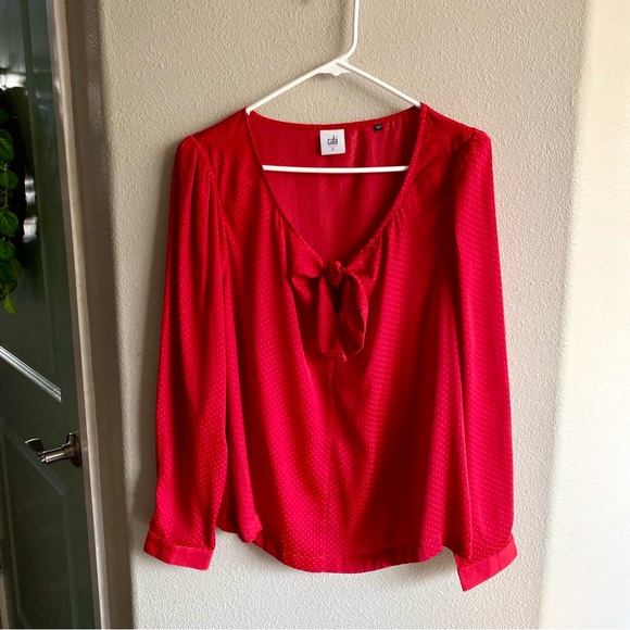 CAbi Long Sleeve Knot Blouse red polka dot chiffon romantic size large - Picture 1 of 7